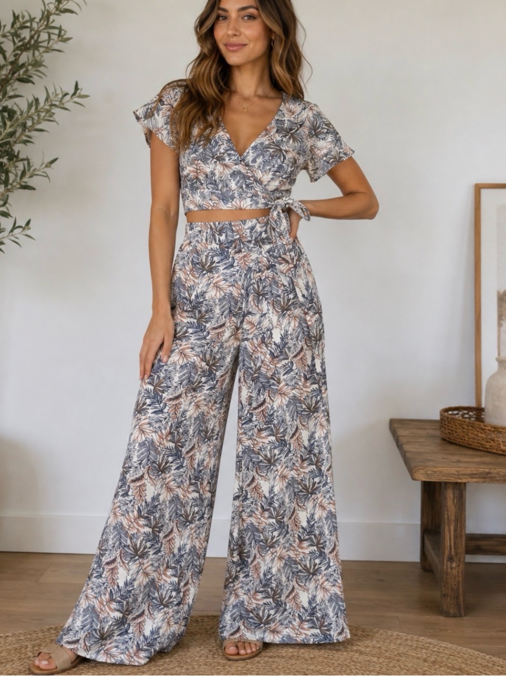 Rewash Floral Two Piece Set Size L Wrap Crop Top Wide Leg Pants Boho